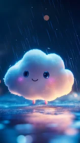 Cute glowing cloud character floats above wet reflective ground