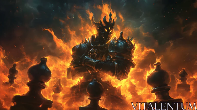 Flaming armored figure stands behind burning chessboard