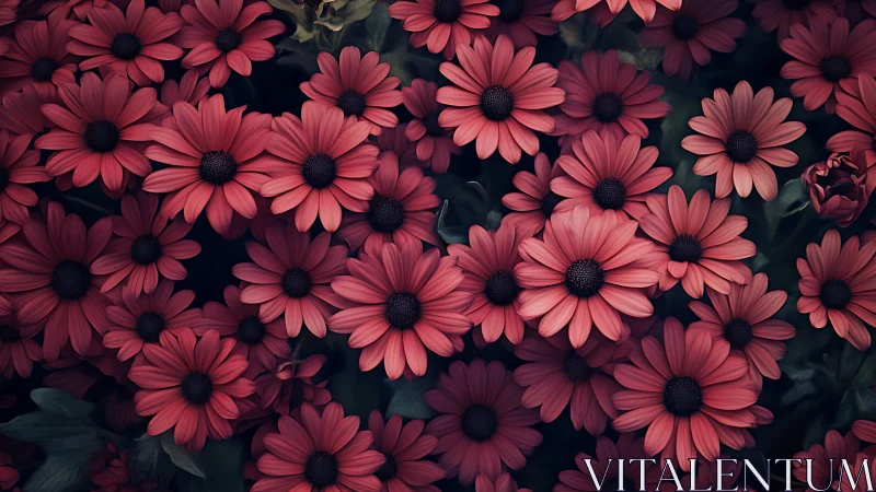 Deep Pink Daisies Blooming Against Dark Foliage