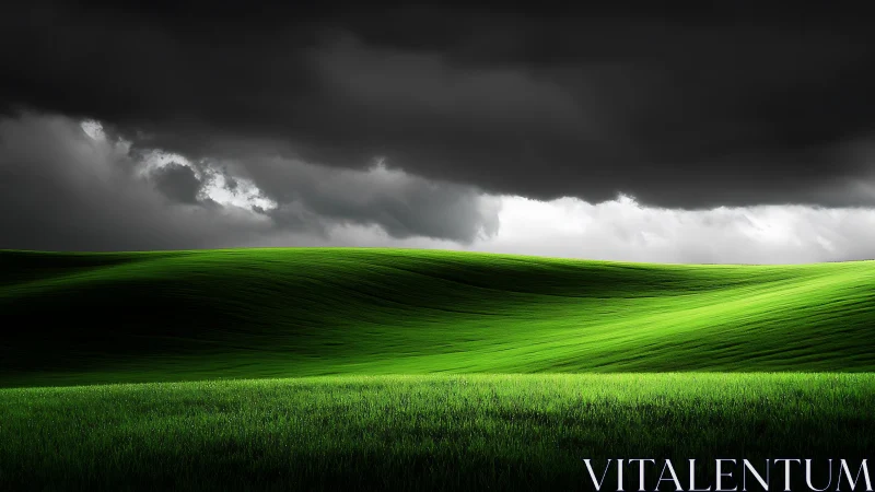 Sunlit green hills curve beneath looming storm clouds
