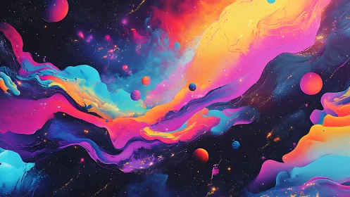 Liquid galaxies spill neon tides across a dreaming cosmos