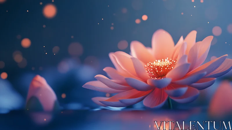 Luminous coral-hued lotus flower rendered with bokeh particle effects.