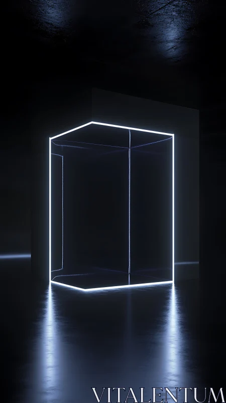Glowing wireframe cube floats inside dark reflective room