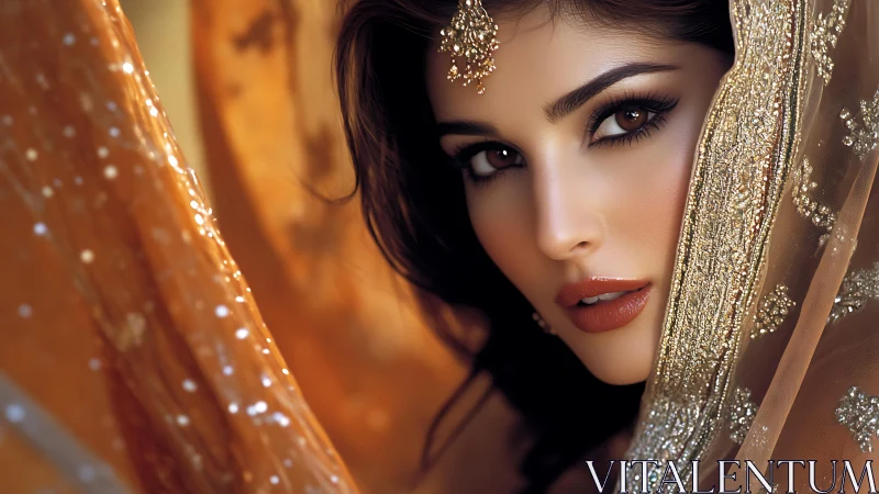 Golden bridal portrait bathed in shimmering warm light.