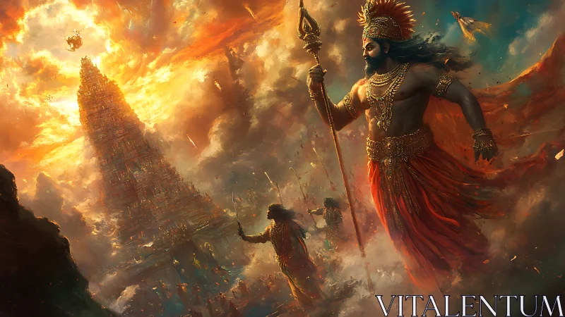 Mythic warrior strides through storm over towering temple.