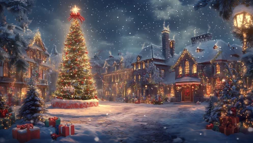 Snowy town square with illuminated Christmas tree and gifts