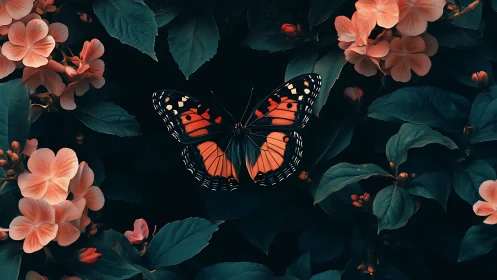 Orange butterfly resting among dark teal garden foliage.