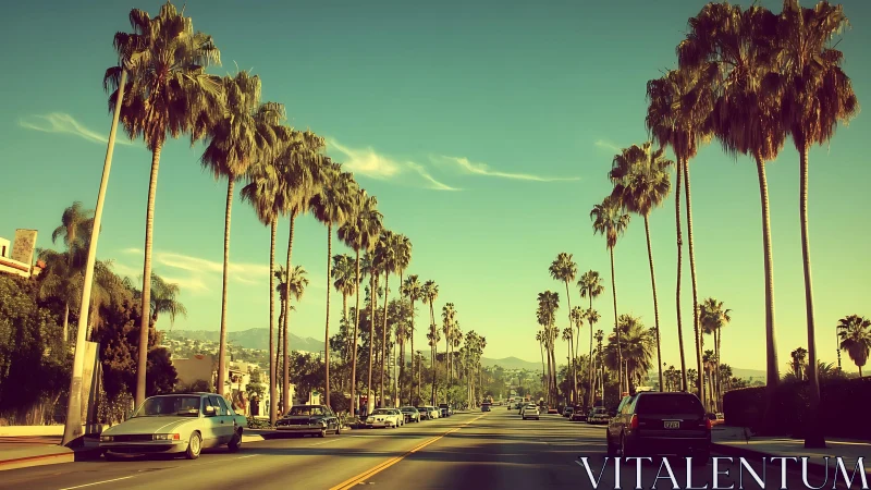 Palm lined boulevard under warm retro evening light period