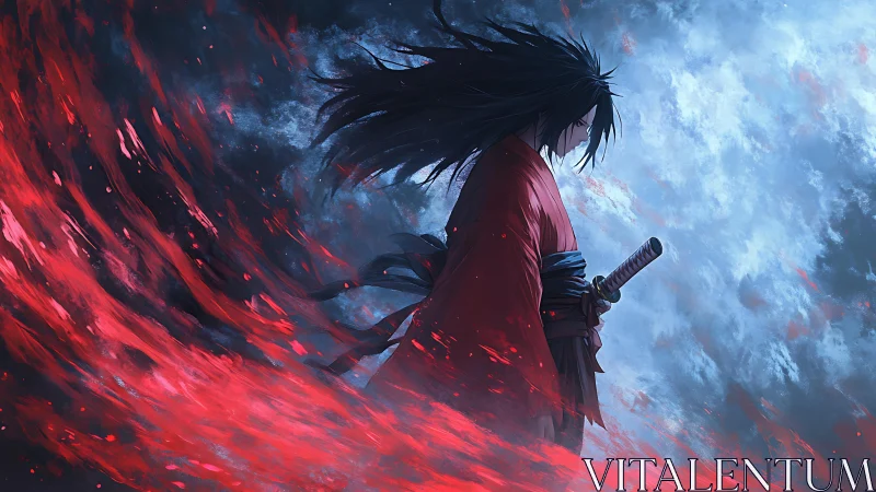 Side-lit samurai profile amid red energy arc and storm-swept sky