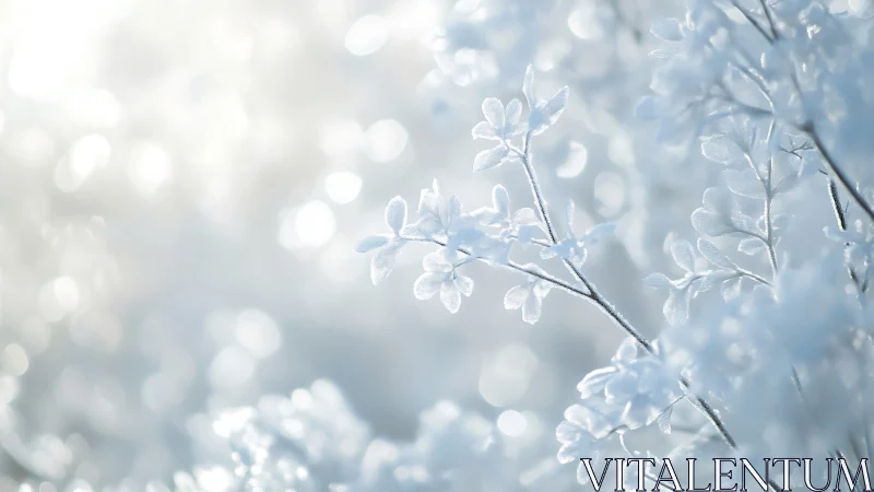 Frost-encased botanical specimens with bokeh luminescence and shallow depth.