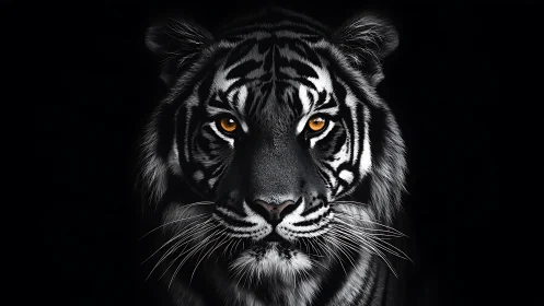 Tiger face centered against black background, eyes brightly lit