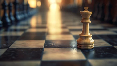 Warm wooden chess king standing ready on glowing board.