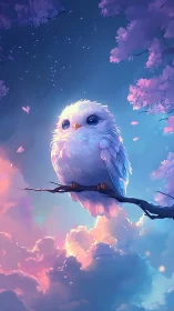 Soft little sky owl rests on a dreamy pastel cloud evening