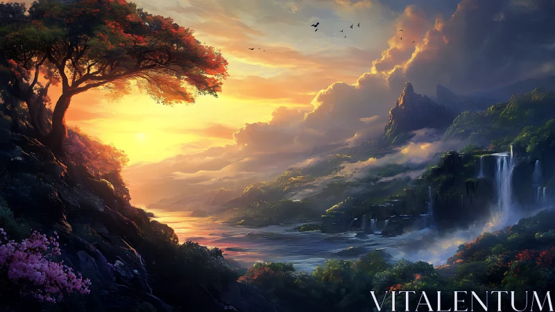 Sunlit valley landscape glows with waterfalls and distant peaks