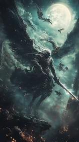 Midnight winged guardian strides through a storm of stars.