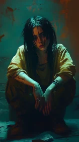 Brooding woman crouches in teal and amber chiaroscuro.