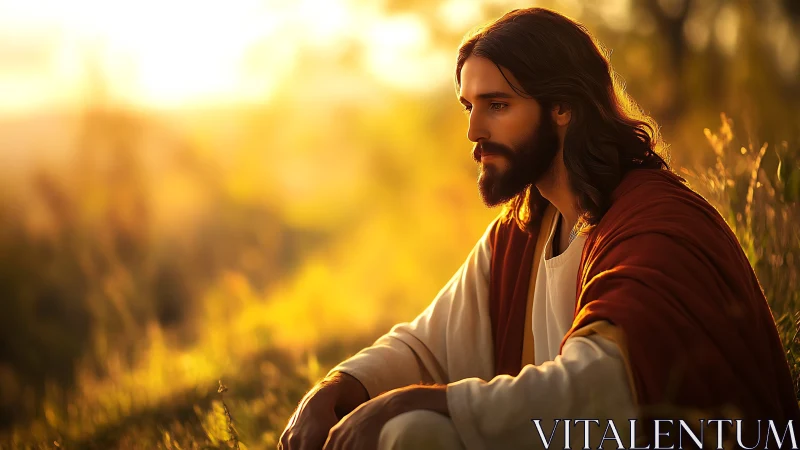 Sunlit robed figure in contemplative pose with warm backlighting