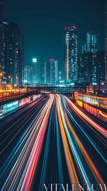 Night city highway with neon light trails and tall towers.