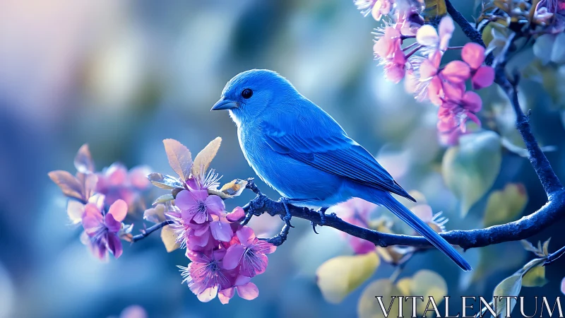 Vivid Blue Songbird on Blossoming Branch in Dreamy Nature Scene.