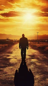 Solitary figure walking toward low sun on rural road.