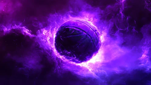 Glowing purple basketball floats inside bright nebula cloud