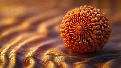 Spherical carved bead with radial floral relief on rippled fabric