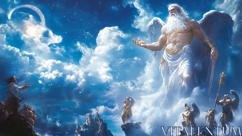 Colossal winged deity towers above warriors in luminous clouds