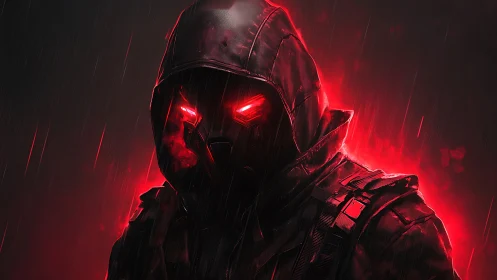 Hooded cybernetic operative with red visor glow in rainstorm