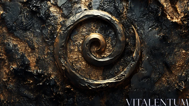 Metallic spiral emblem rests on molten black and gold surface