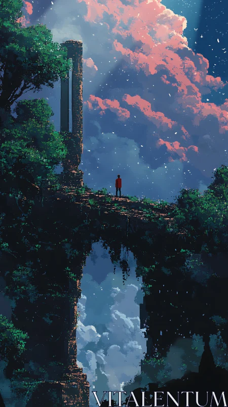 Solitary dreamer on a sky-bridge of forgotten ruins.