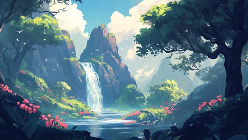 Lush temperate valley waterfall in stylized digital landscape art