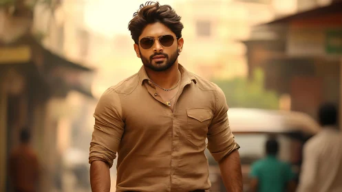 Street portrait of confident man in warm-toned shallow depth field