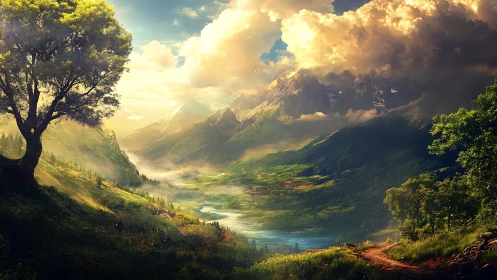 High-dynamic-range alpine valley rendered with atmospheric depth mapping