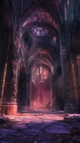 Decayed gothic nave with volumetric light and spectral color grading