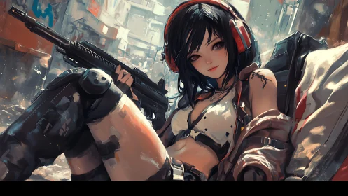 Cool-headed street heroine relaxing in a neon-tinged chaos.