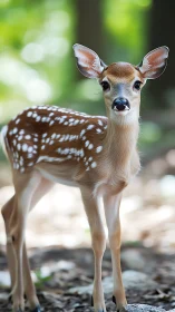 Young white-tailed fawn stands alert in shallow forest depth