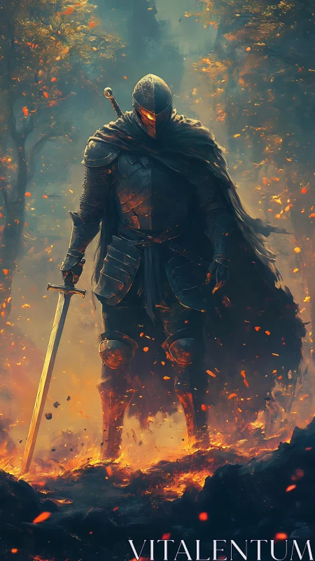 Ember-eyed knight strides from molten dusk like quiet doom