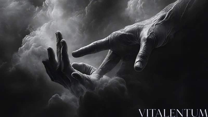 Reaching hands emerging from swirling monochrome clouds.