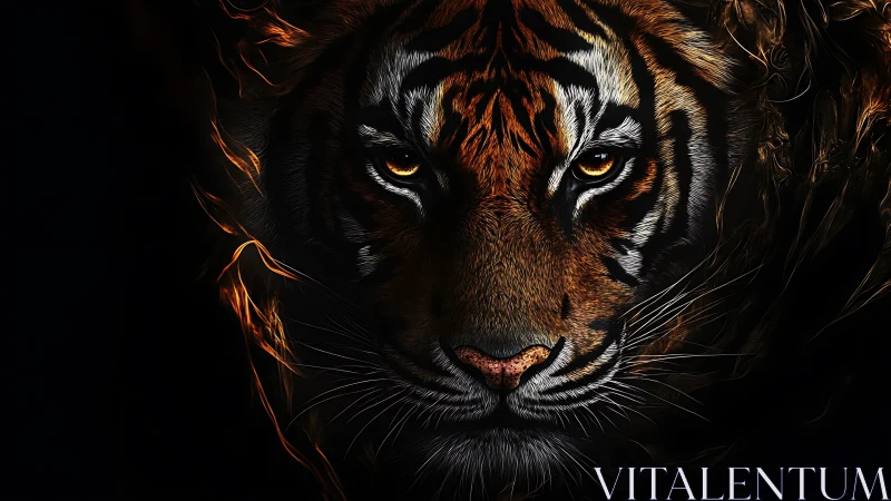 Ember-eyed tiger emerging from shadow and swirling sparks.