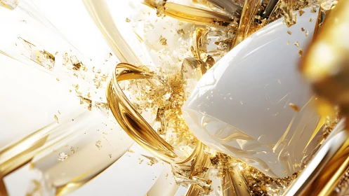 Dynamic Abstract Gold and White Glass Explosion Digital Art.
