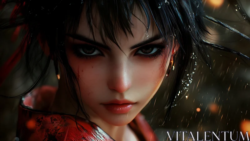 Fierce cyberpunk warrior under rain with burning gaze.