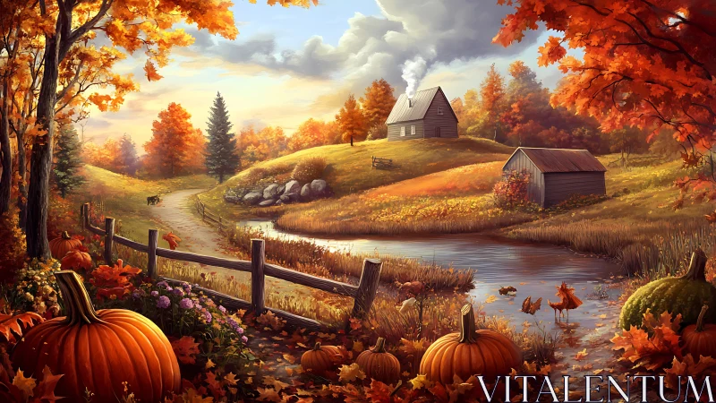 Cozy autumn farmstead by a winding pond under golden skies.