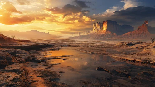 Sunlit desert mesa landscape reflects in shallow water