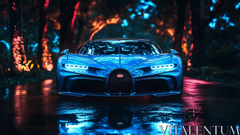 Blue hypercar front view under neon lights on wet road