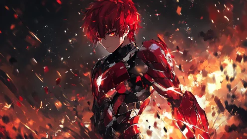 Armored red-haired warrior in fragmented inferno blast field