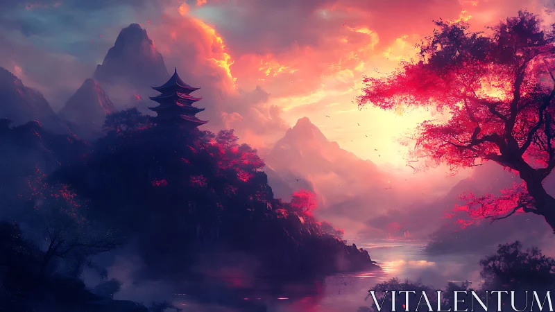 Spectral mountain pagoda at chromatic sunrise over river basin.