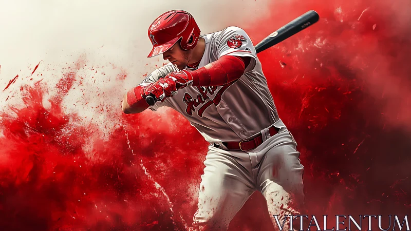 Power hitter mid-swing in red dynamic digital composition.