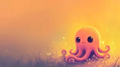 Glowing pastel octopus under warm golden dusk light.