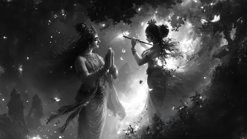 Divine monochrome dance with flute under swirling light.