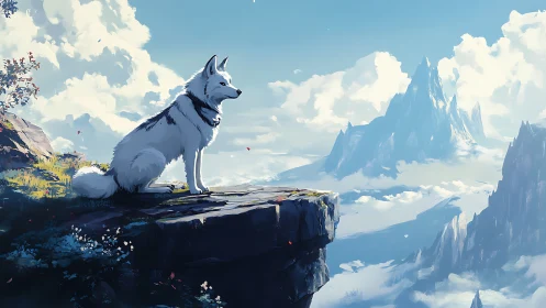 White wolf sentinel overlooks vast sunlit mountain range.